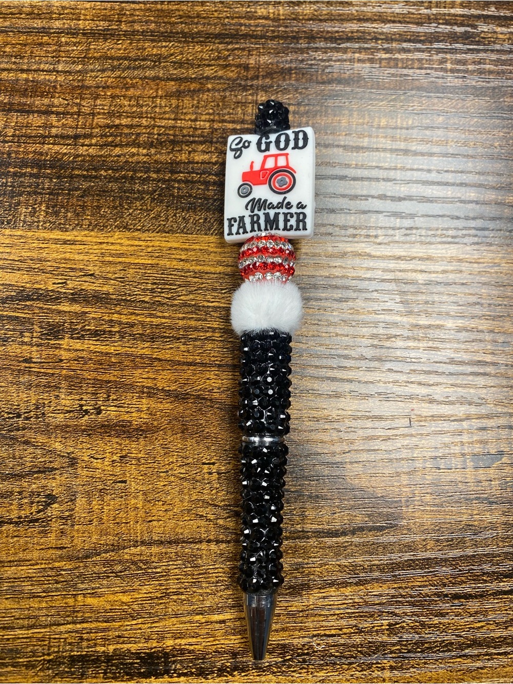 New- Made a Farmer Beaded Pom Pen - Red, Black & White